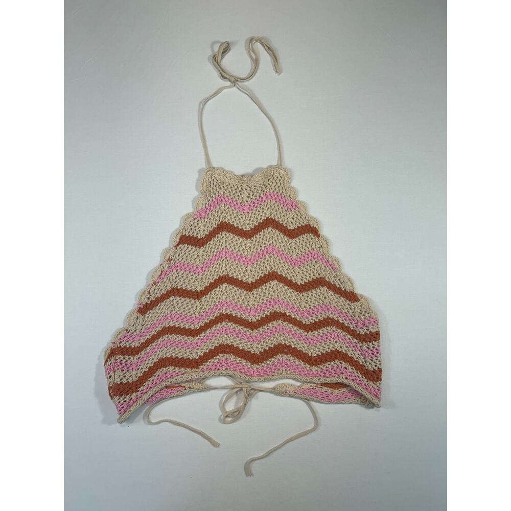 Honey Punch Crochet Halter Top SZ M Multicolor Zigzag Festival Boho Knit Top